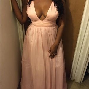 Long Deep V Neck rose pink prom dress